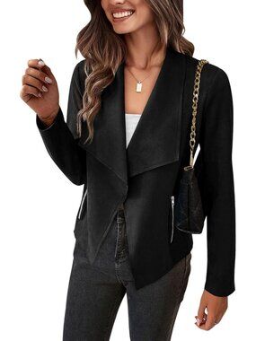 Women's Black Faux Suede Open Front Waterfall Collar Long Sleeve Draped Jacket